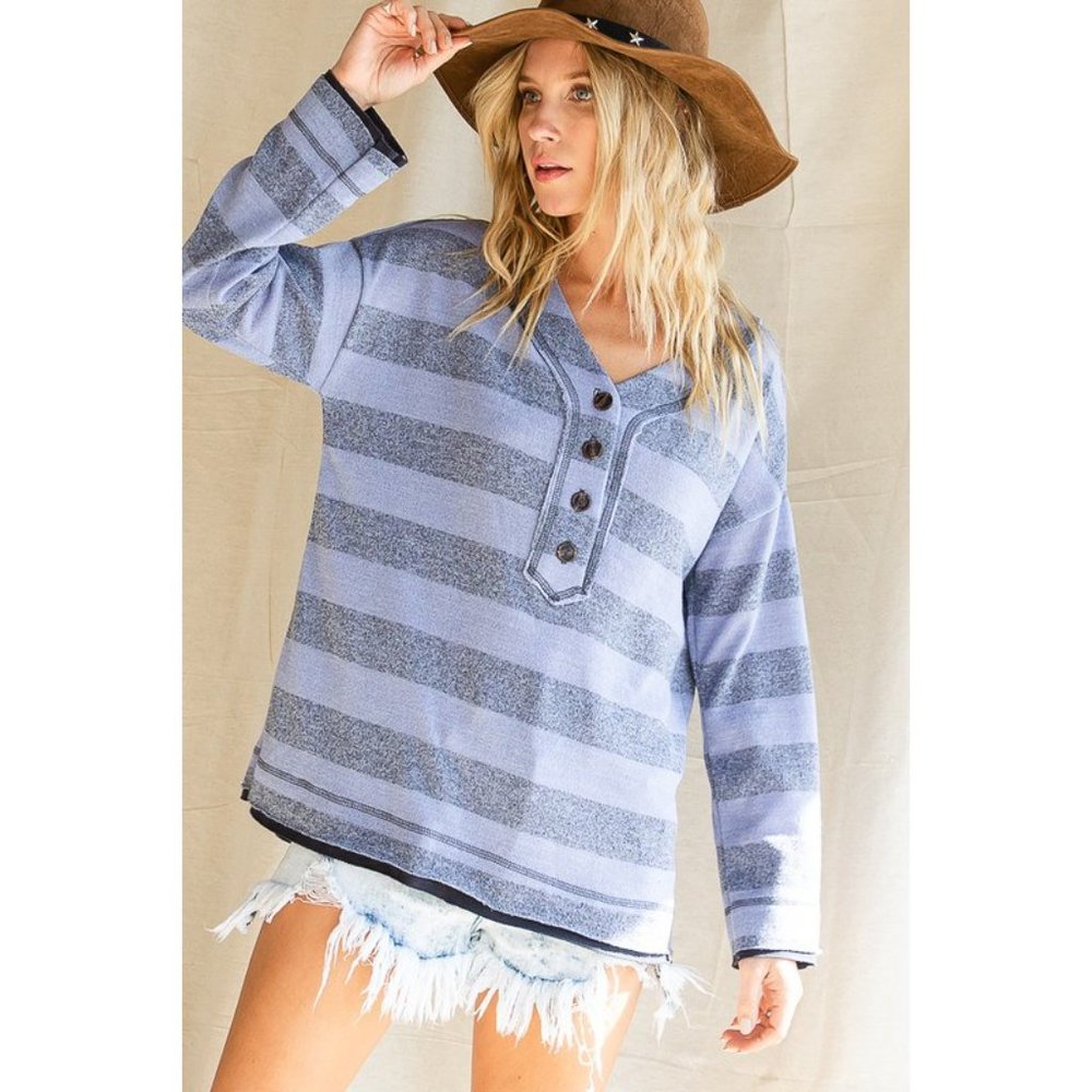 Turkish Blue Striped Button Down Henley Top - Picture 4 of 7